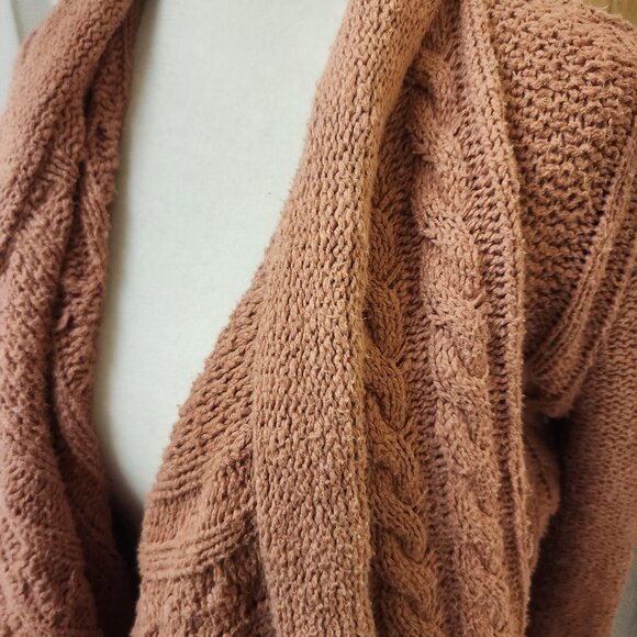 Forever 21 Apricot Orange Boho Fringe Shawl Cable Knit Cardigan Sweater Small - Picture 2 of 7